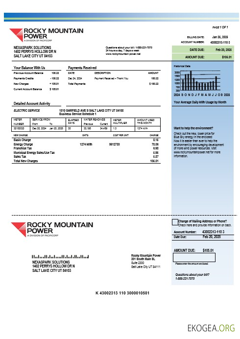 USA Utah Rocky Mountain Power modèle de facture de services publics d'électricité aux formats Word et PDF